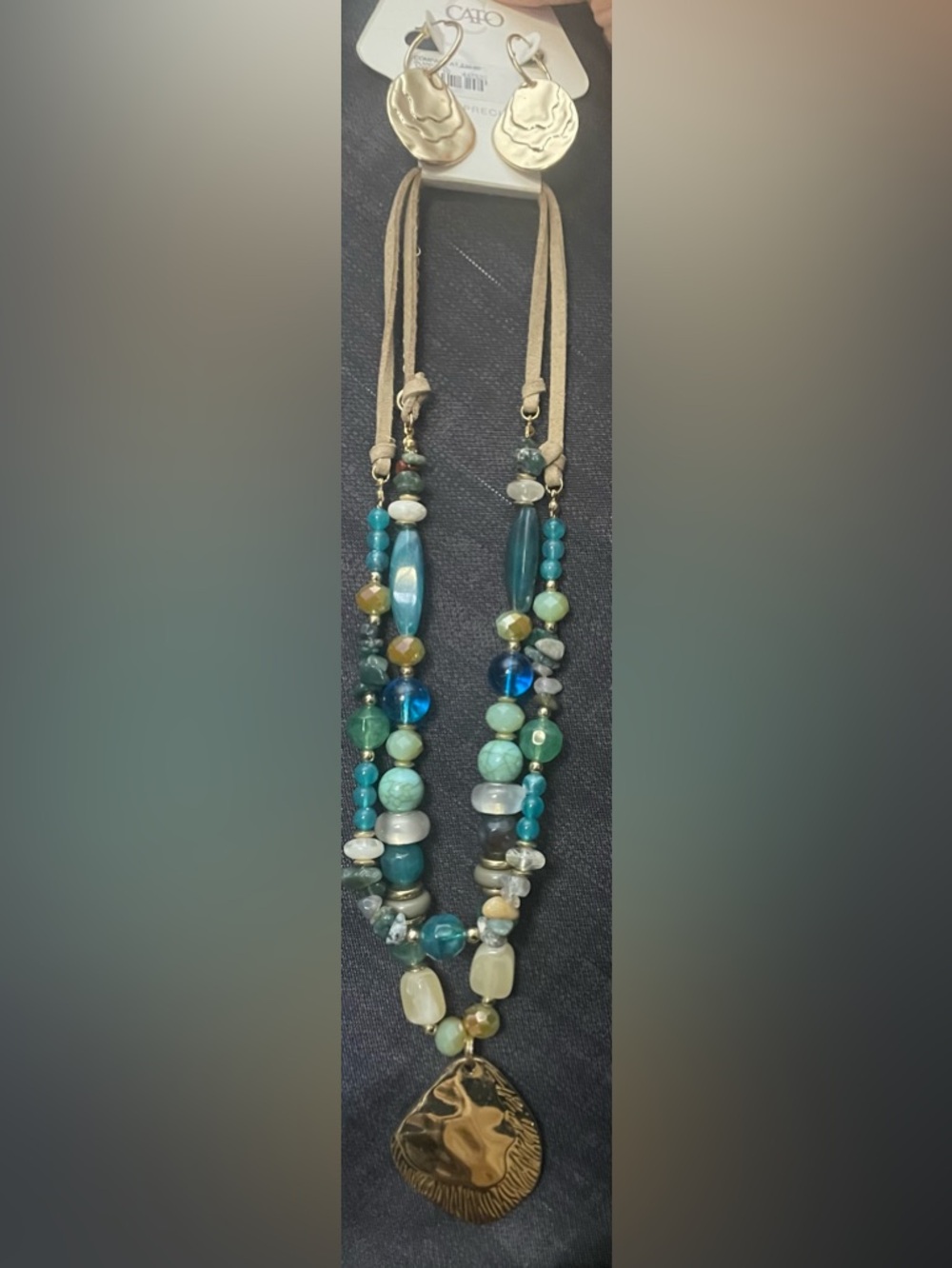 Cato Blue, Teal & Turquoise Multi-Bead Layered Necklace with hammered earrings